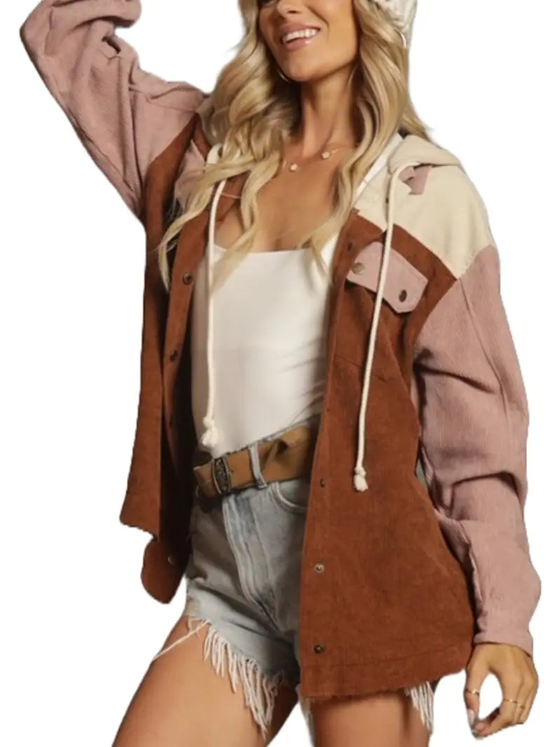 Color Block Corduroy Hooded Jacket