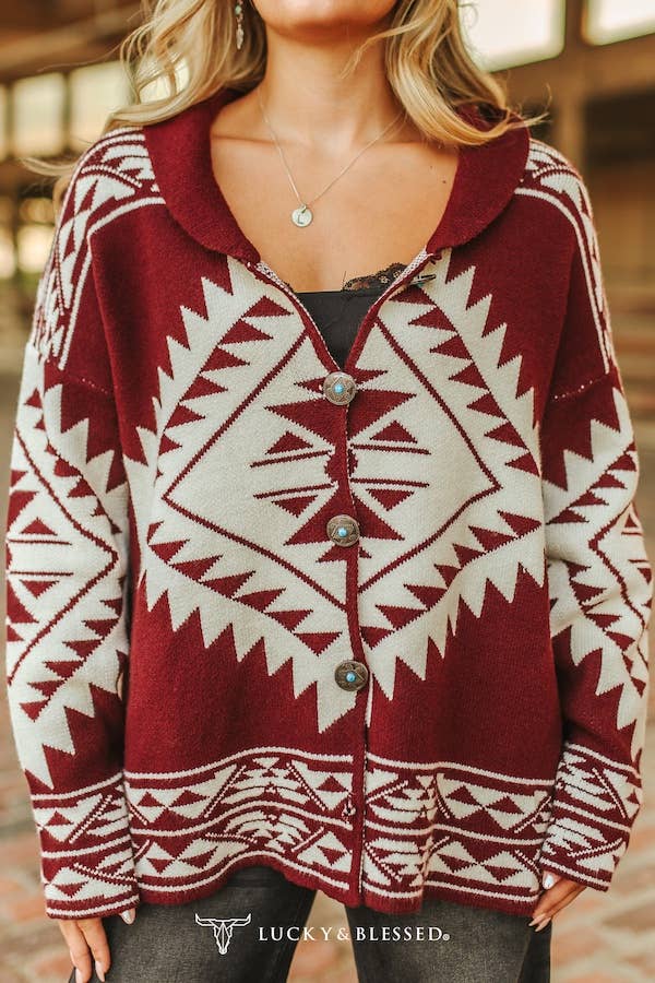 Wine Aztec Round Hem Knit Buffalo Button Down Sweater