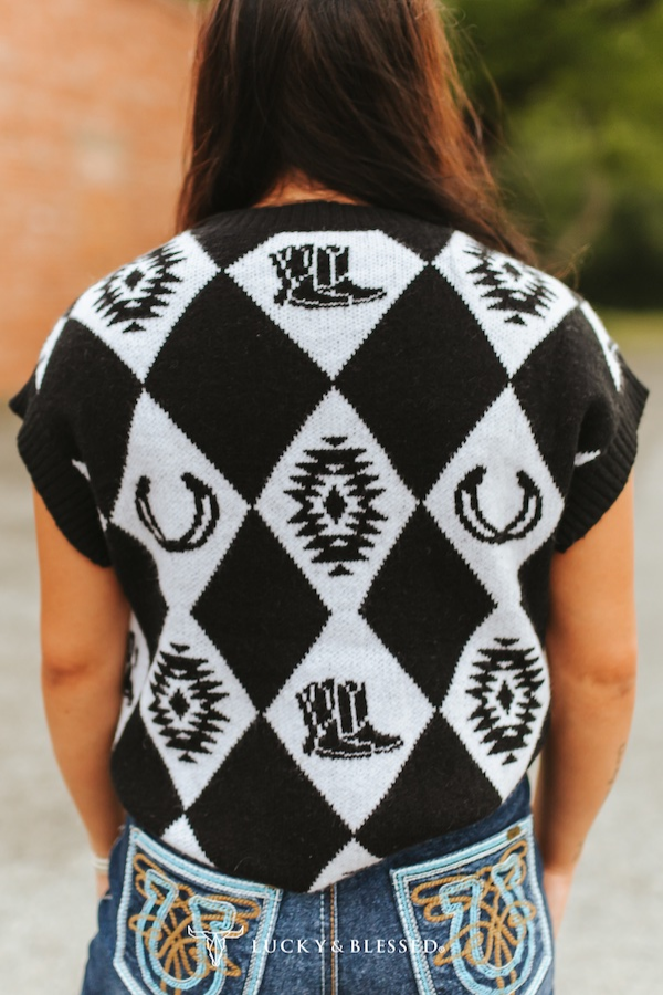 Black Checkered Knit Western Sweater Top (PRE-ORDER)