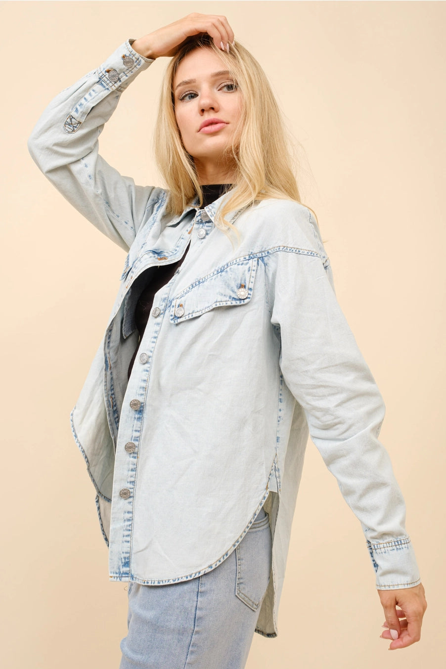 Faded Wash Denim Shirt Blouse