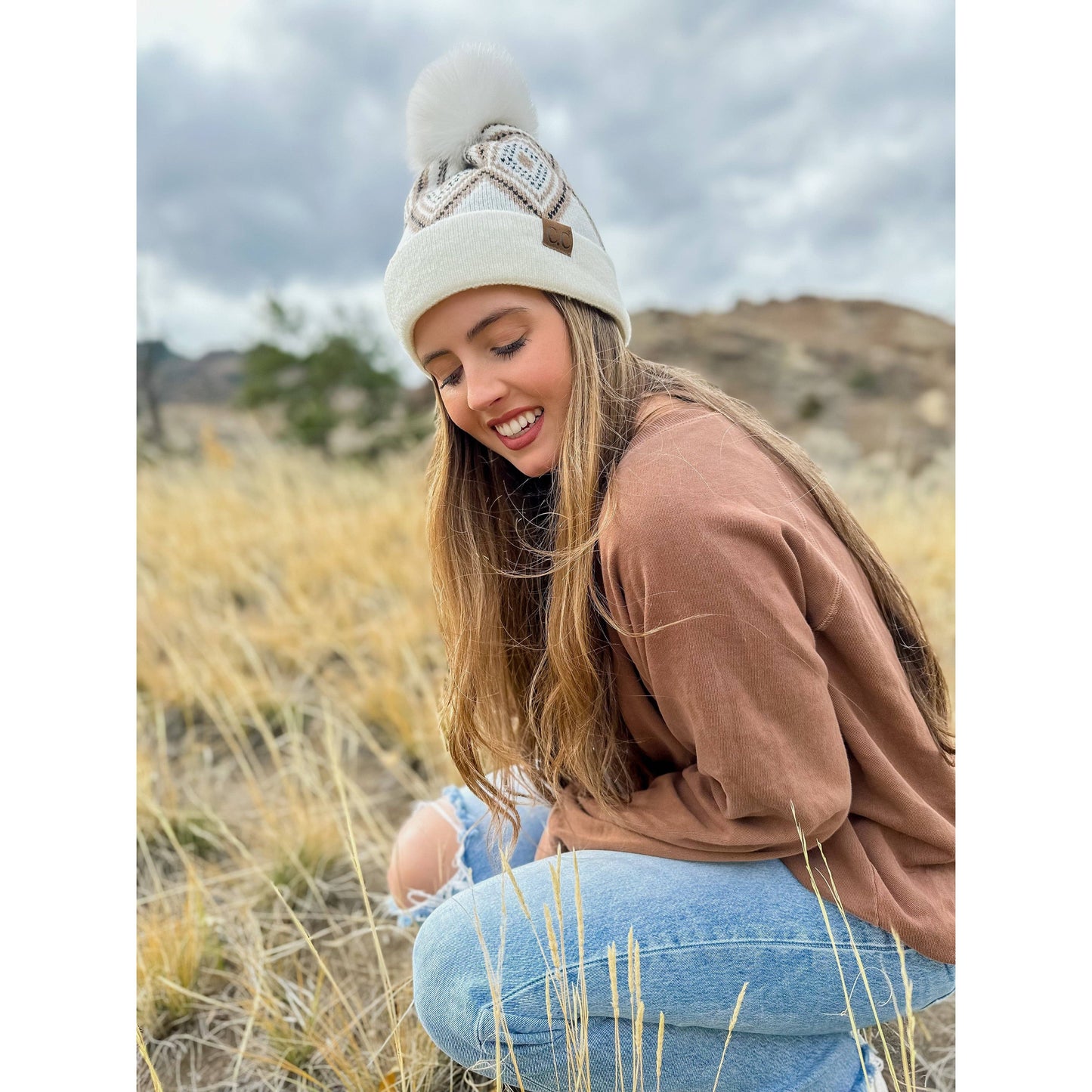 Geometric Pattern Pom C.C Beanie