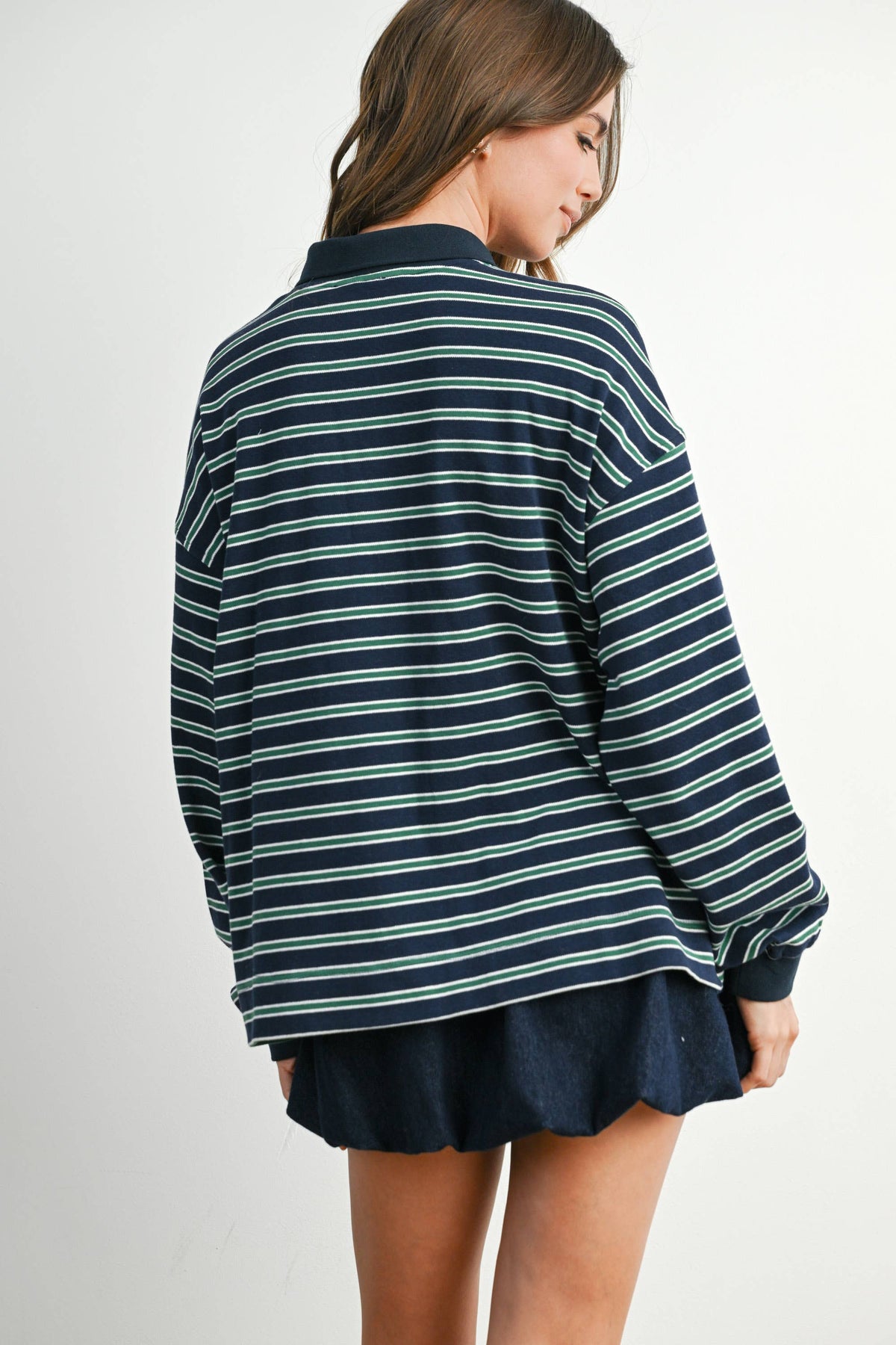 Quarter-Button Striped Collared Long Sleeve Top