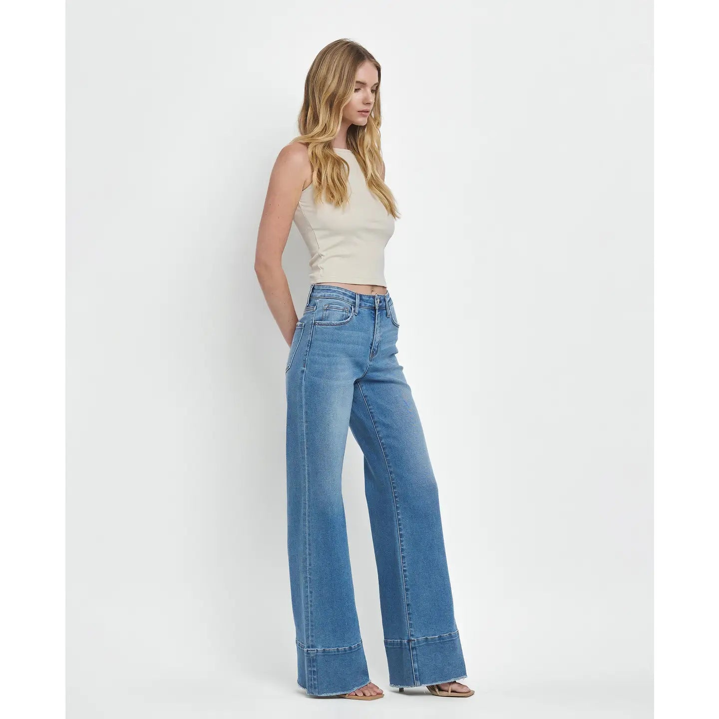 High Rise Raw Hem Wide Leg Jeans
