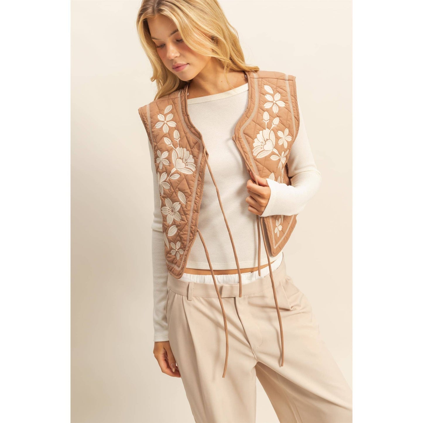 Floral Embroidered Quilted Vest