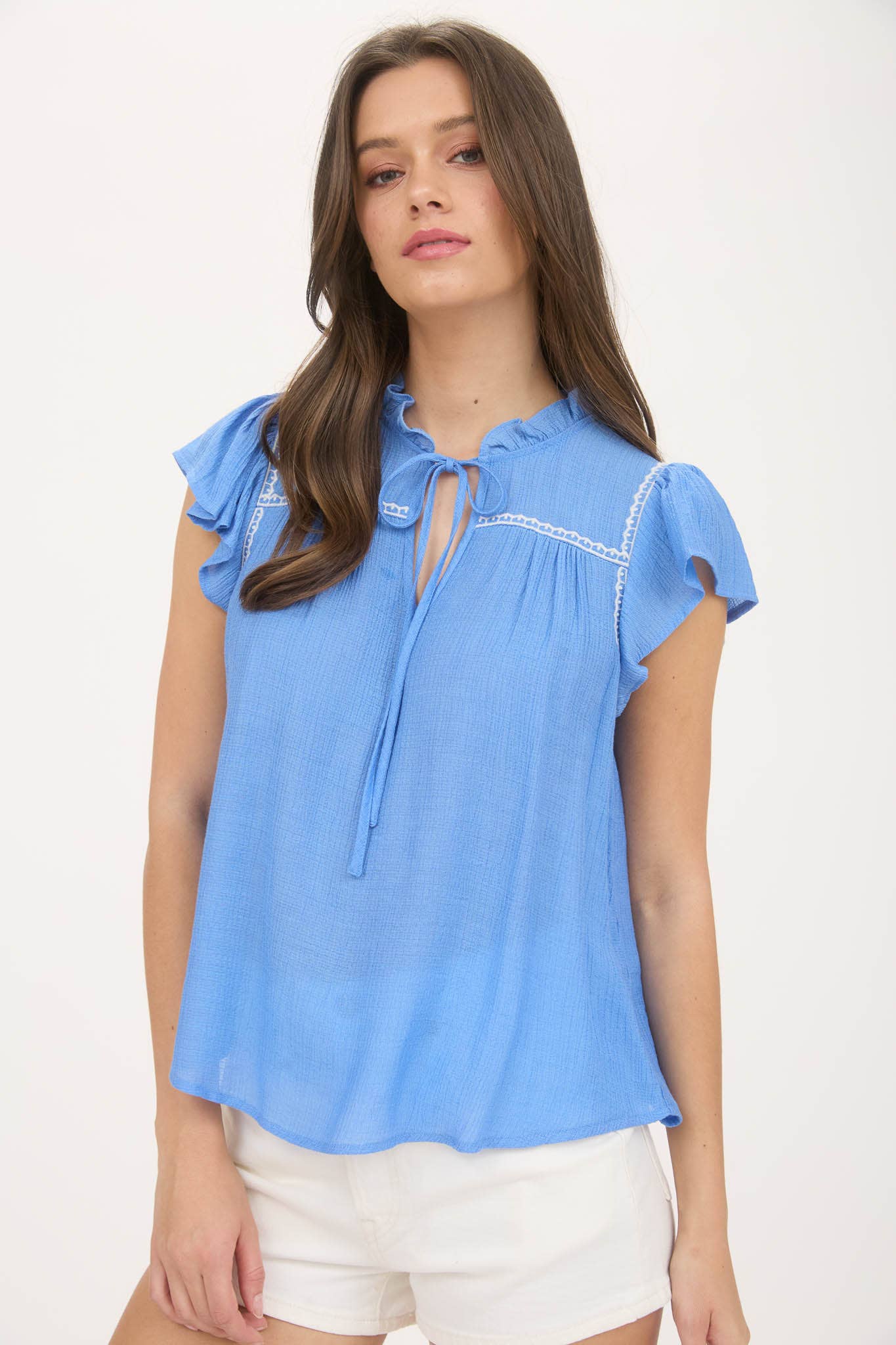 CONTRAST EMBROIDERY RUFFLE DETAIL FRONT TIE BLOUSE