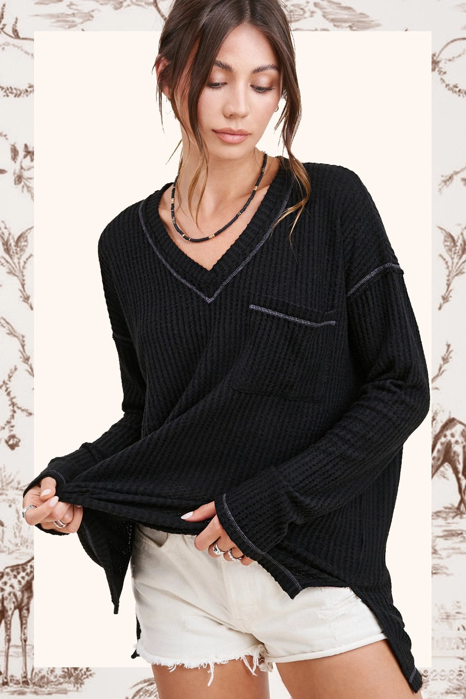 Brushed Waffle V Neck Top