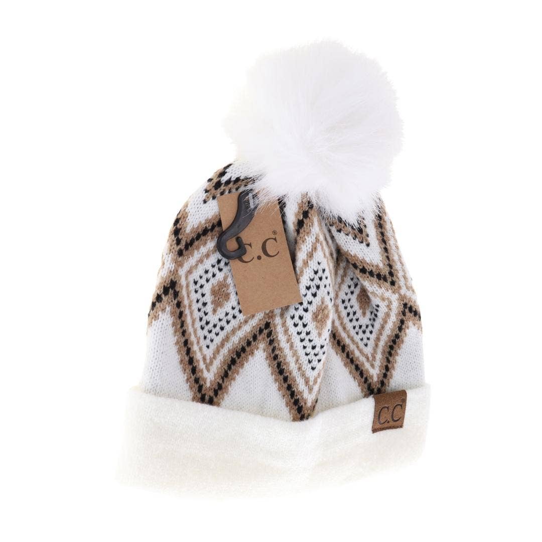 Geometric Pattern Pom C.C Beanie