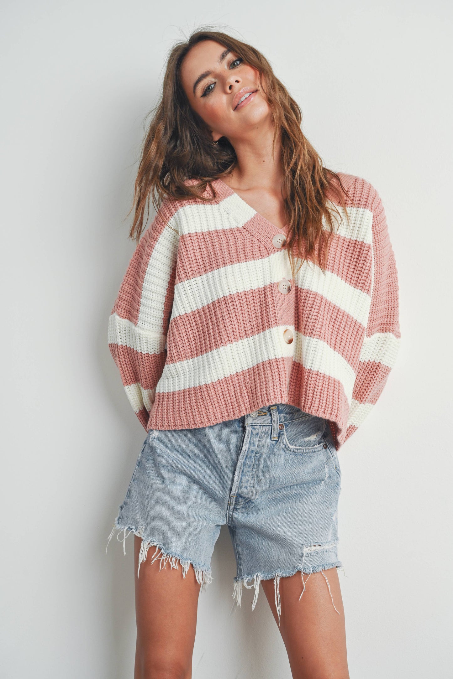 Striped V-Neck Cardigan with Buttons