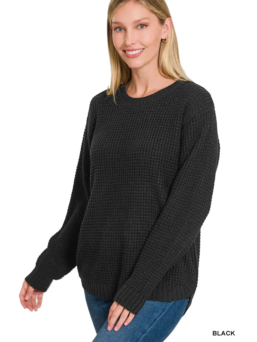 Hi-Low Long Sleeve Waffle Sweater