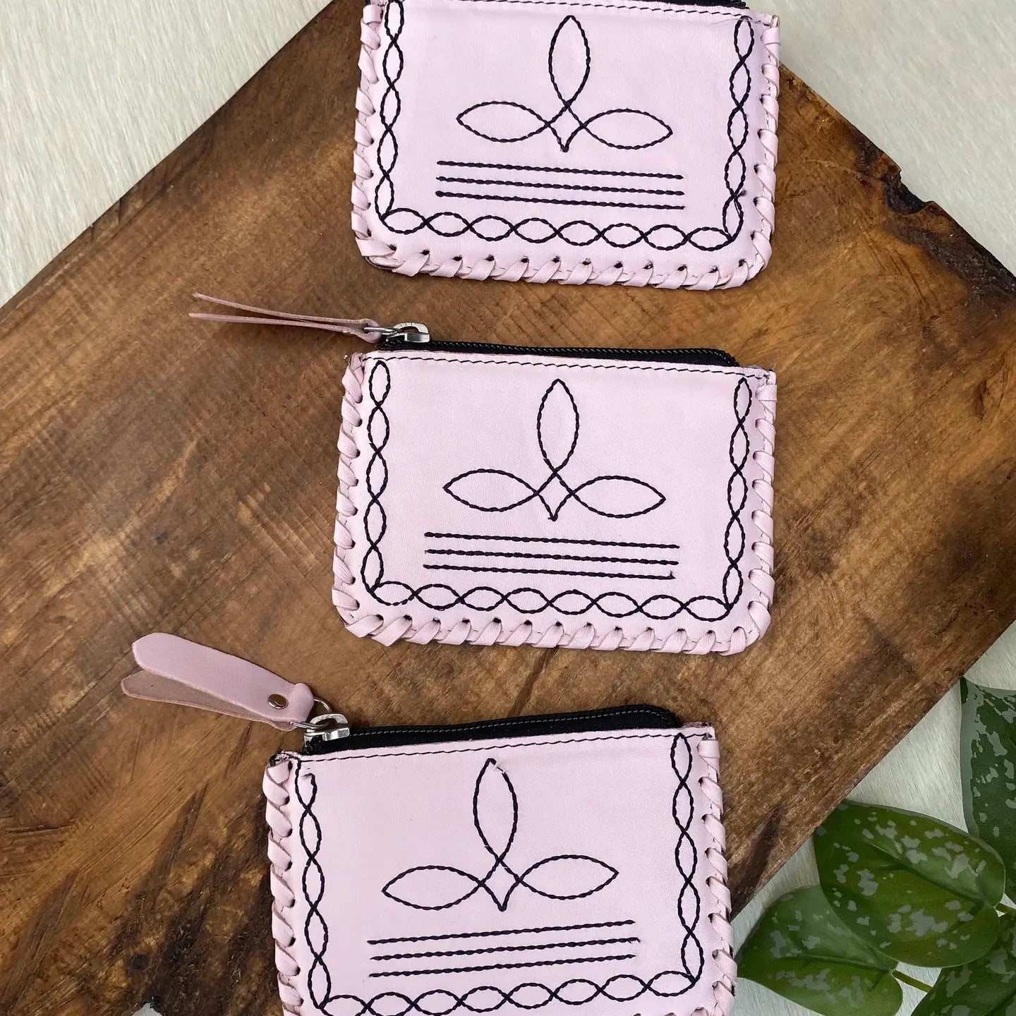 Pastel Pink Leather Bootstitch Coin Pouch