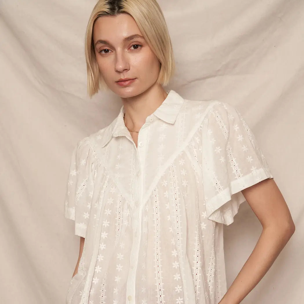 Short Sleeve Lace Button Down Shirt