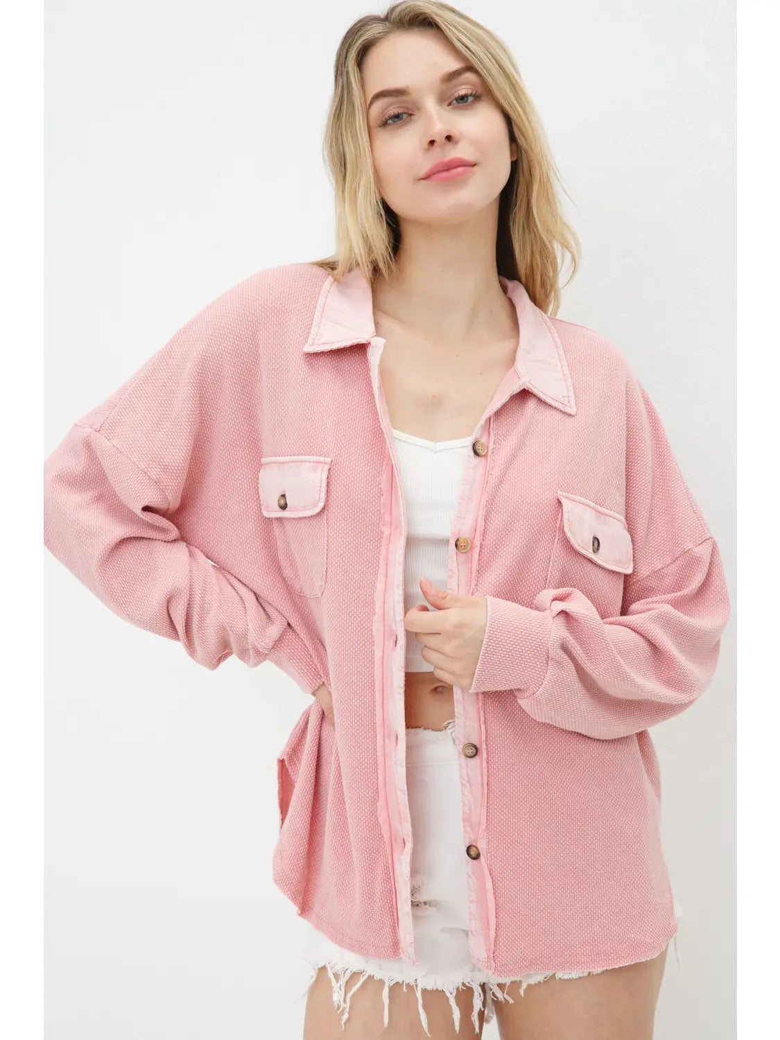 Pink Knit Frayed Botton Up