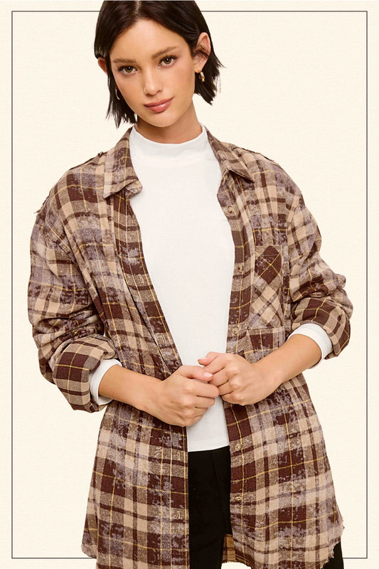 ACID Washed Cut Edge Button Down Plaid Shirt