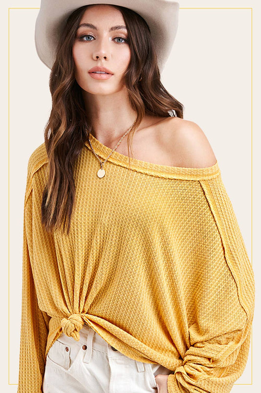Waffle Fabric Loose Fit Long Sleeve Top