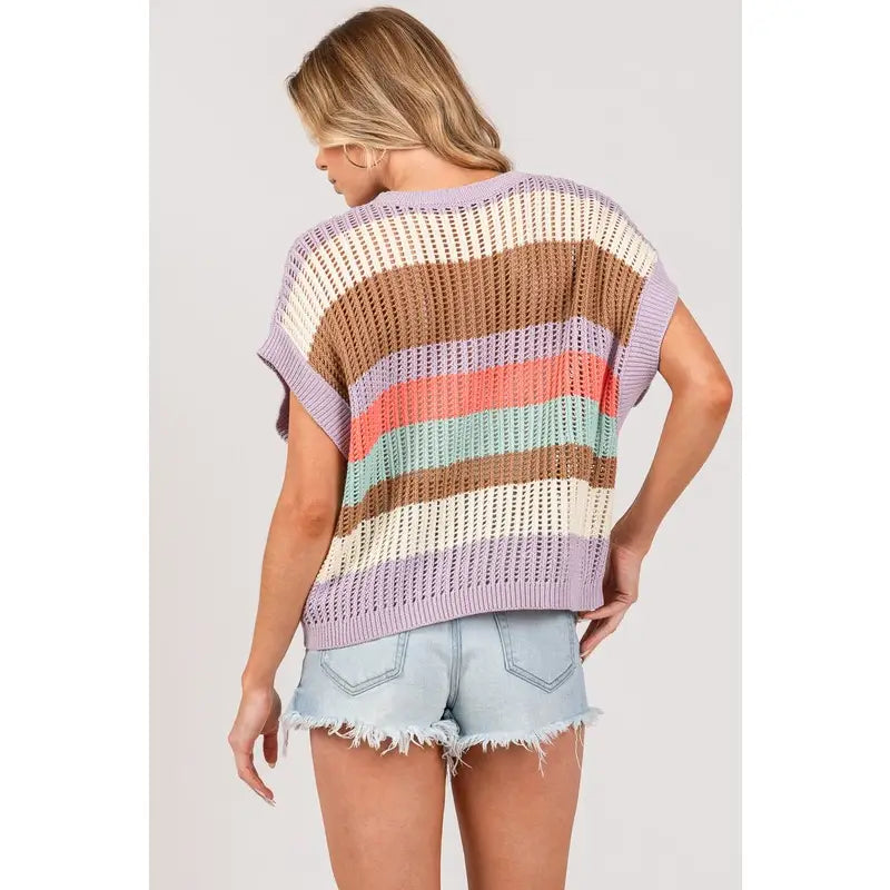Multi Color Block Stripe Crochet Sweater