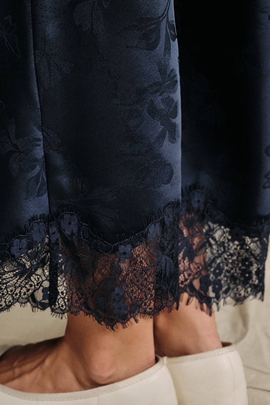 Lace Trim Jacquard Satin Slip Midi Skirt