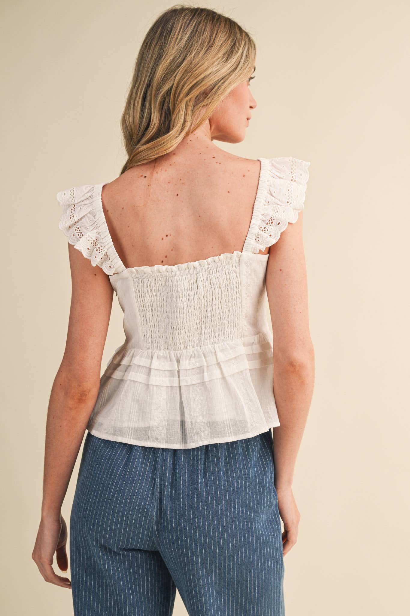 Eyelet Flutter Sleeve Peplum Top