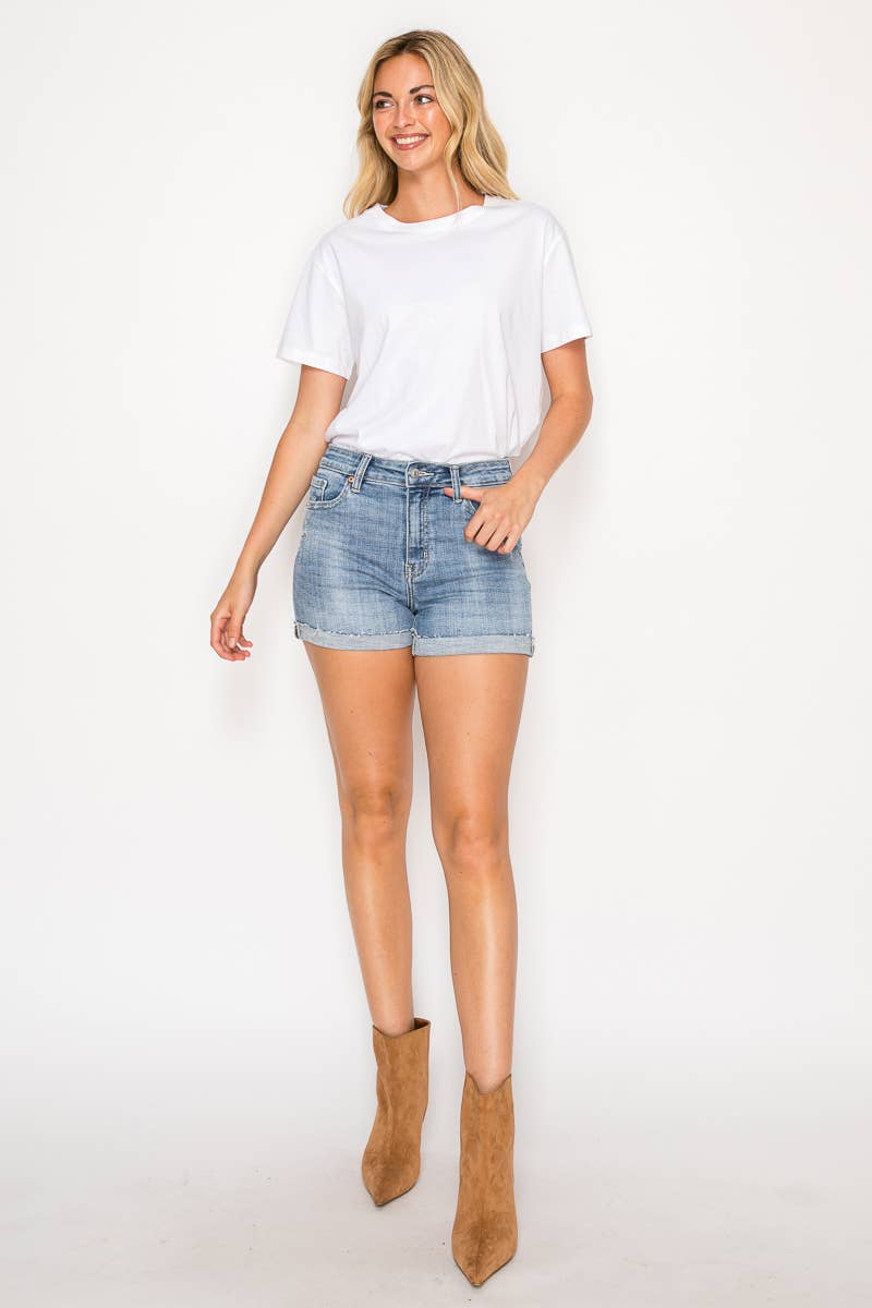 High Rise Cuffed Stretch Shorts