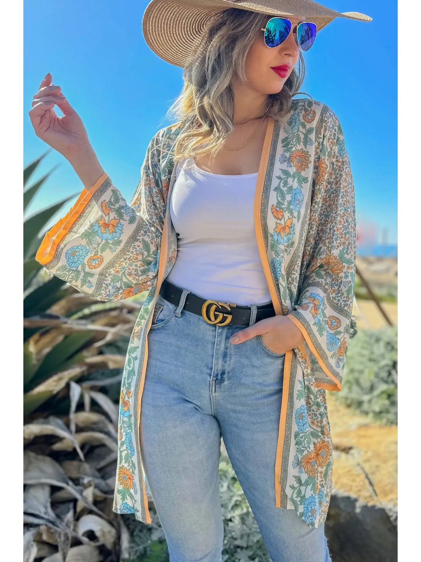 Multi Floral Border Printed Kimono