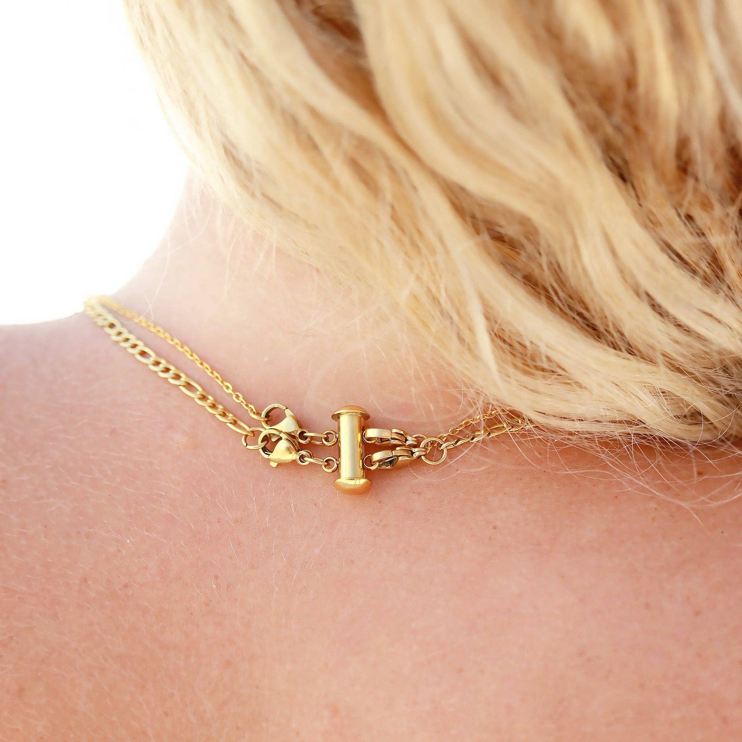 18K Gold PVD Stainless Steel 2 Row Layering Necklace Magnetic Clasp
