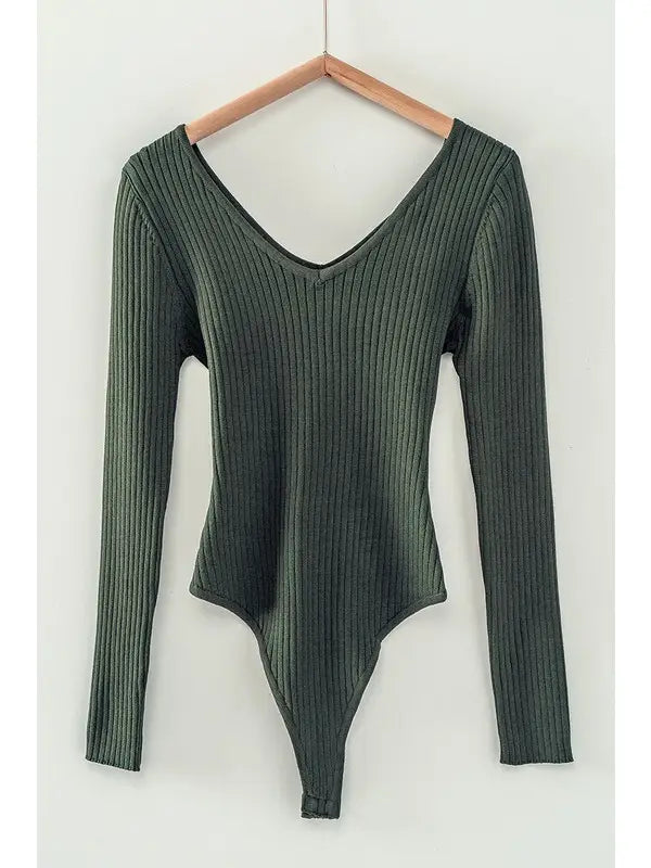 Basic Rib Knit Vneck Long Sleeve Bodysuit