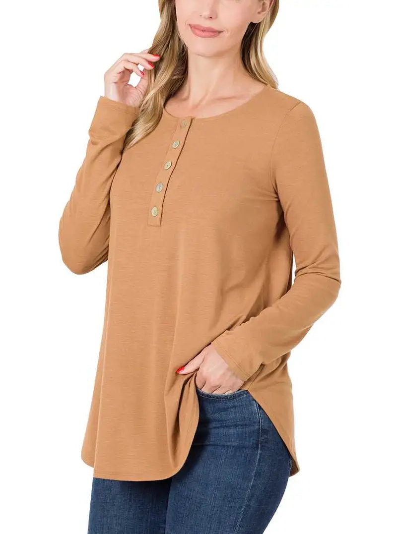 Long Sleeve Dolphin Hem Shell Button Top