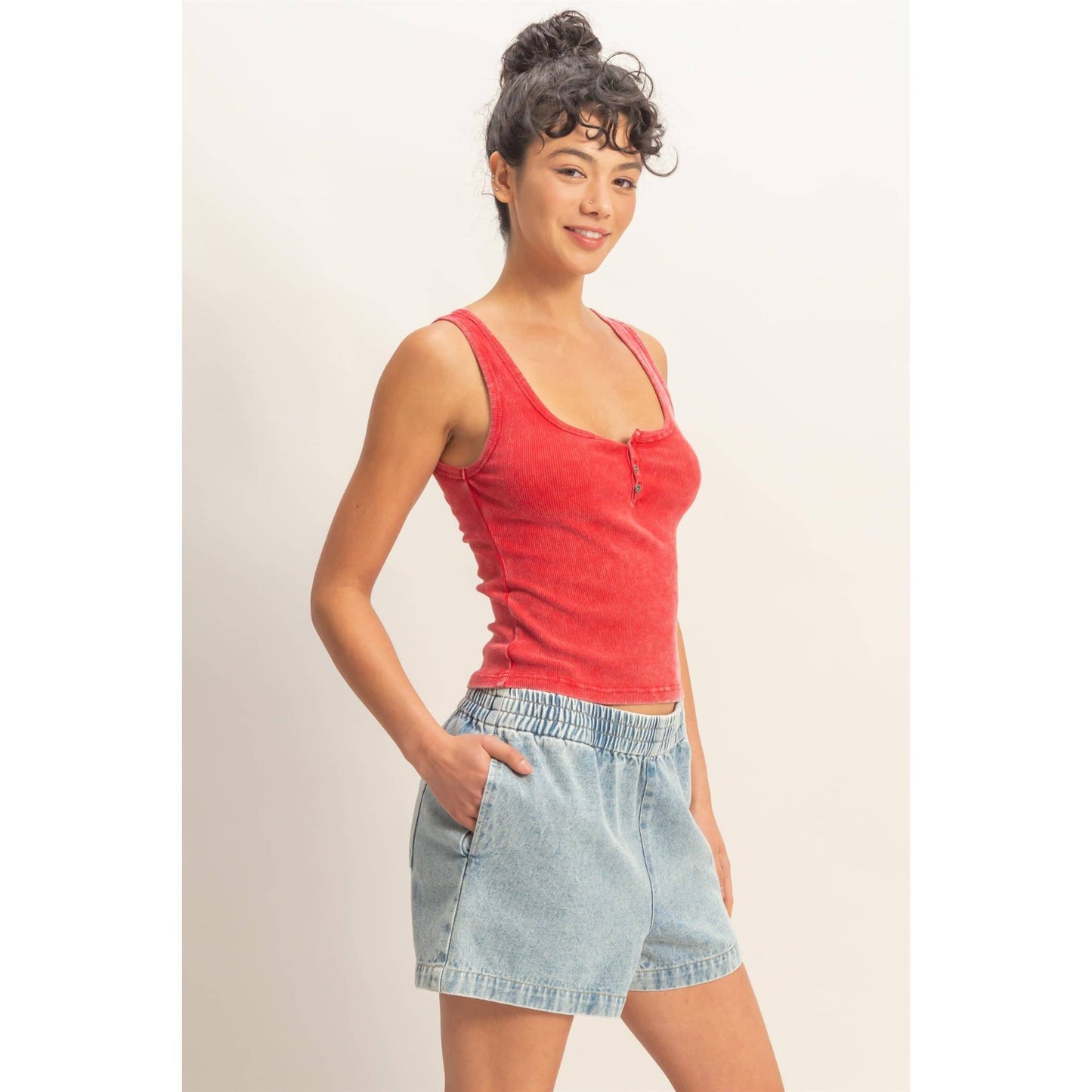 Acid Washed Henley Ribbed Tank Top