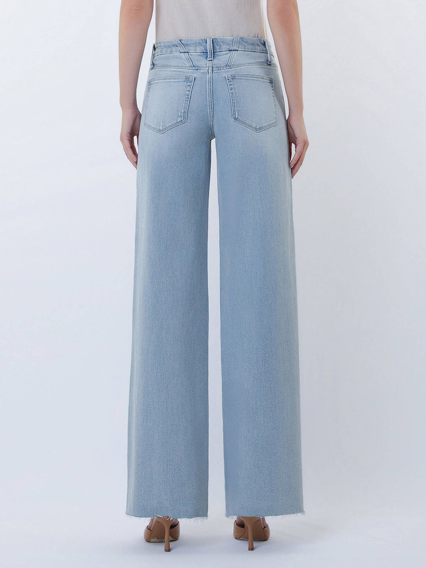 MID RISE LIGHT WASH CLEAN CUT HEM WIDE LEG JEANS