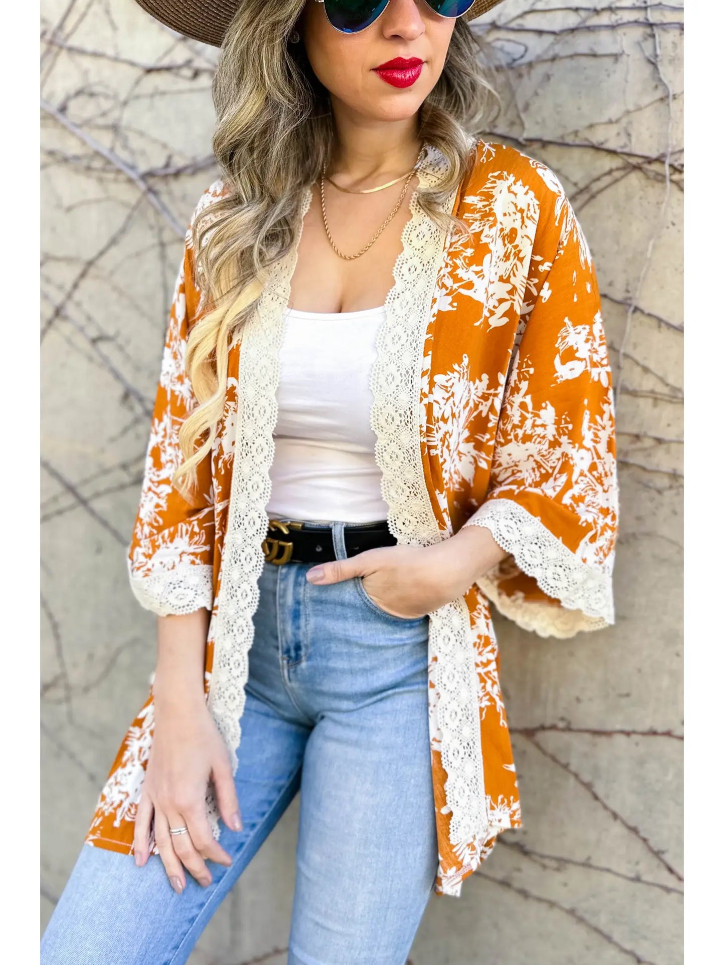 Copper Floral Print Lace Detail 3/4 Sleeve Kimono
