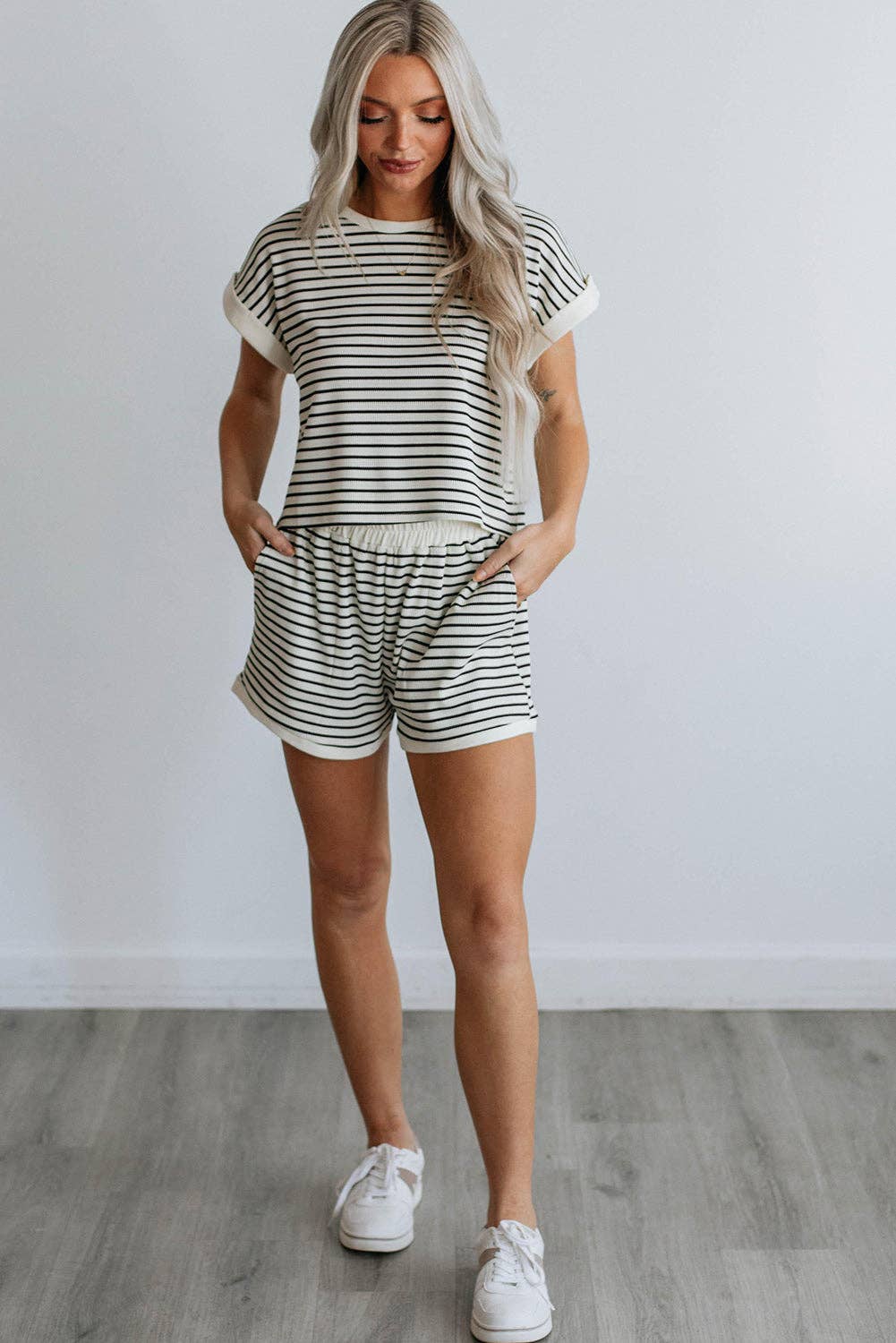 White Stripe Tee and Shorts Set