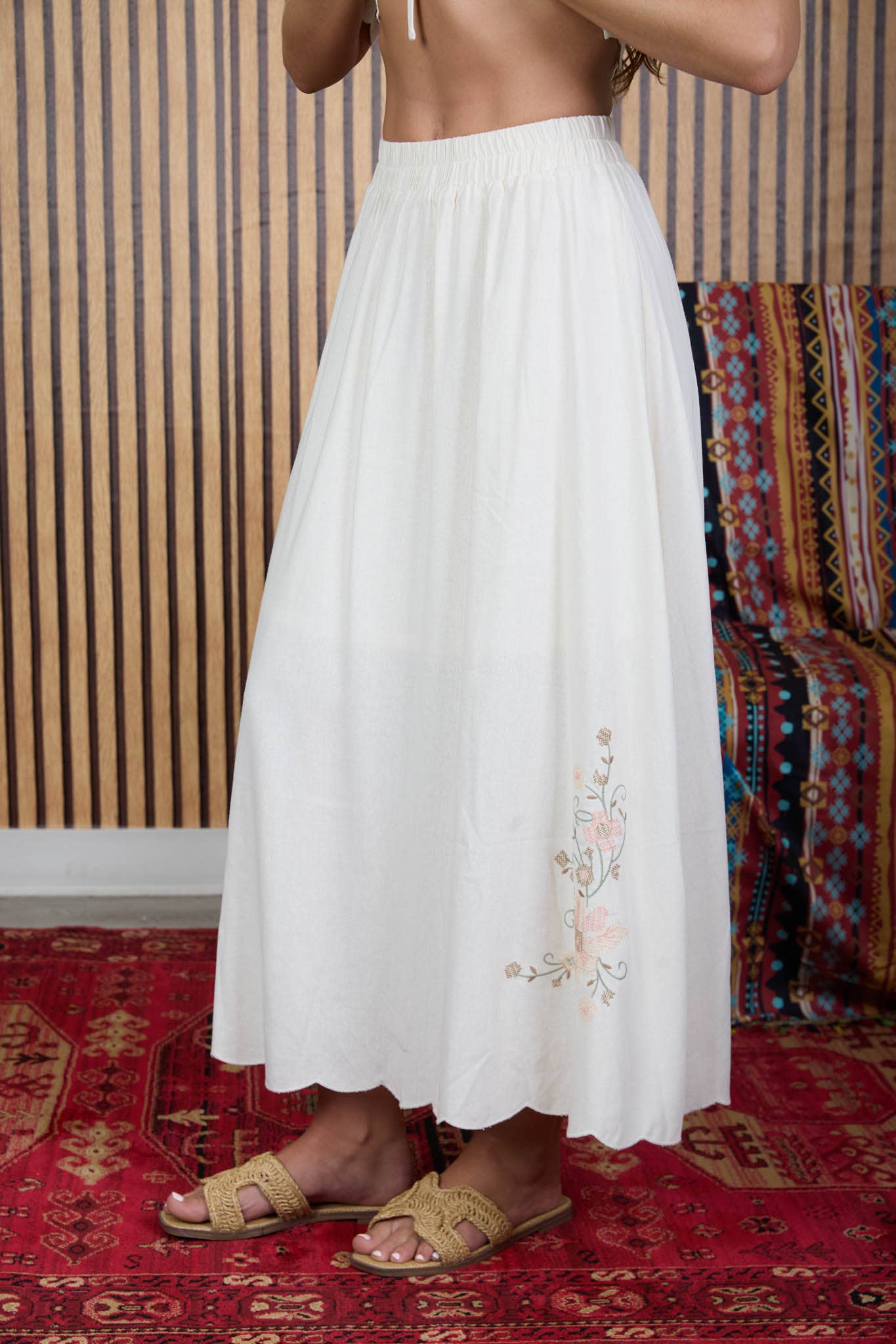 Floral Embroidery Detail Linen Midi Skirt