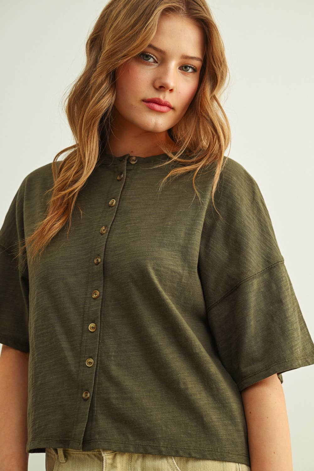 Button Down Round Neck Half Sleeve Top