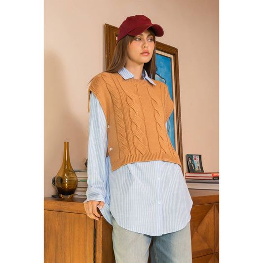 Cable Knit Sleeveless Sweater With Side Buttons