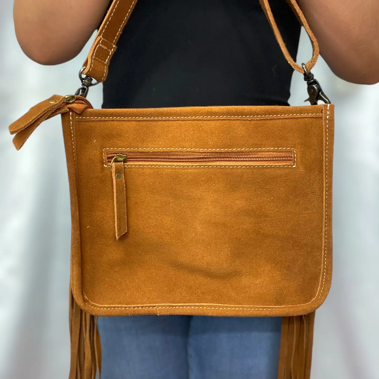 Tan Suede Leather Bootstitch Fringe Crossbody