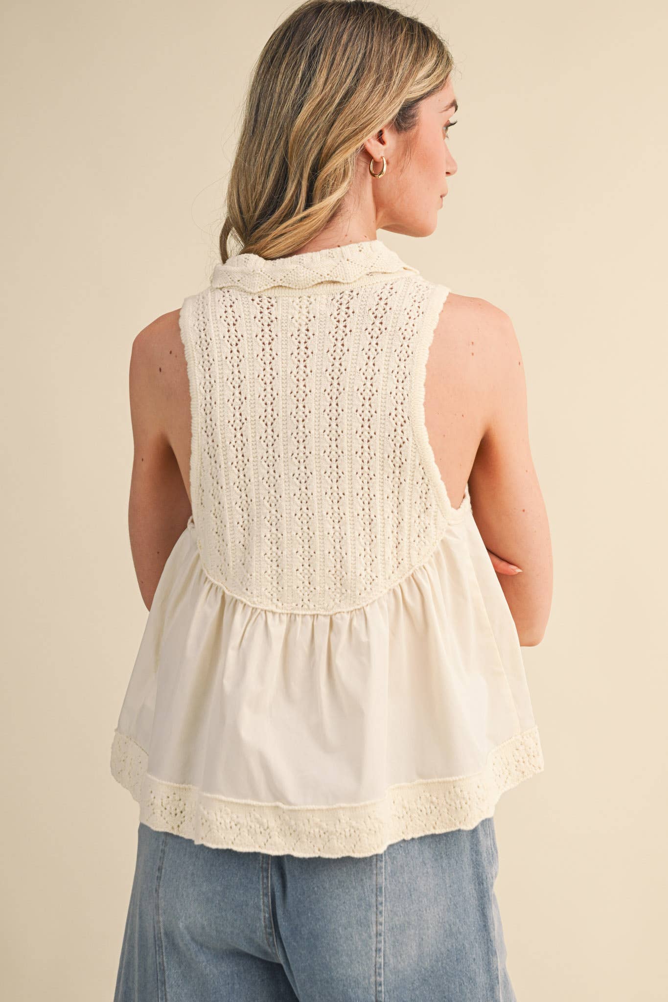 Mixed Media Collared Button Down Sweater Top