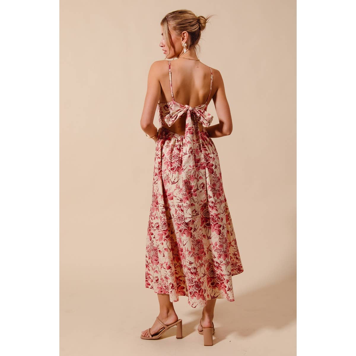 Floral Woven V Neck Dress With Back Ribbon Tie
