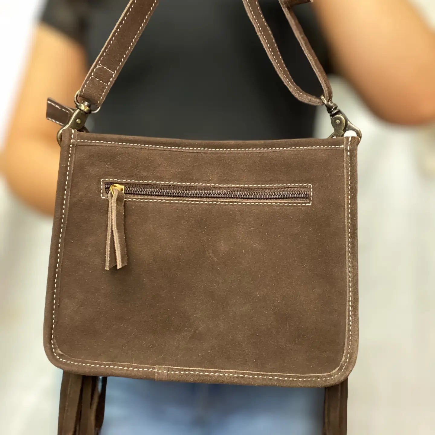 Brown Suede Leather Bootstitch Fringe Crossbody