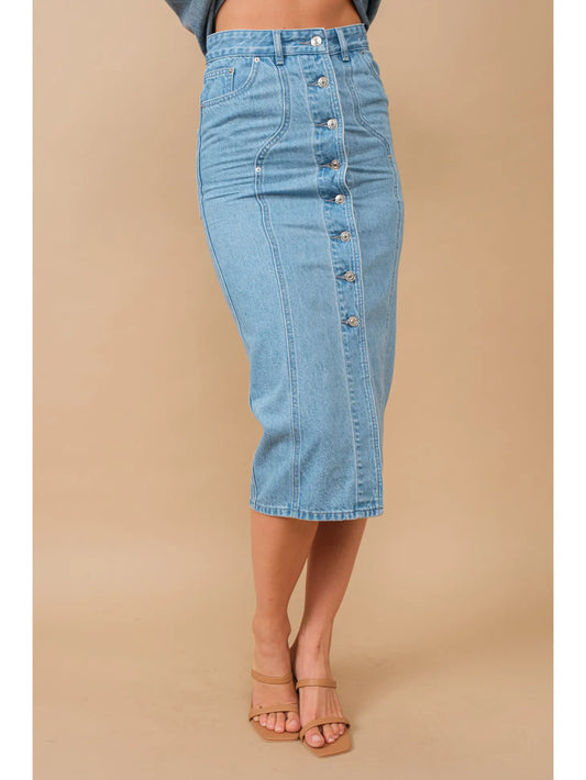 Mid Rise Fitted Button Up Midi Denim Pencil Skirt