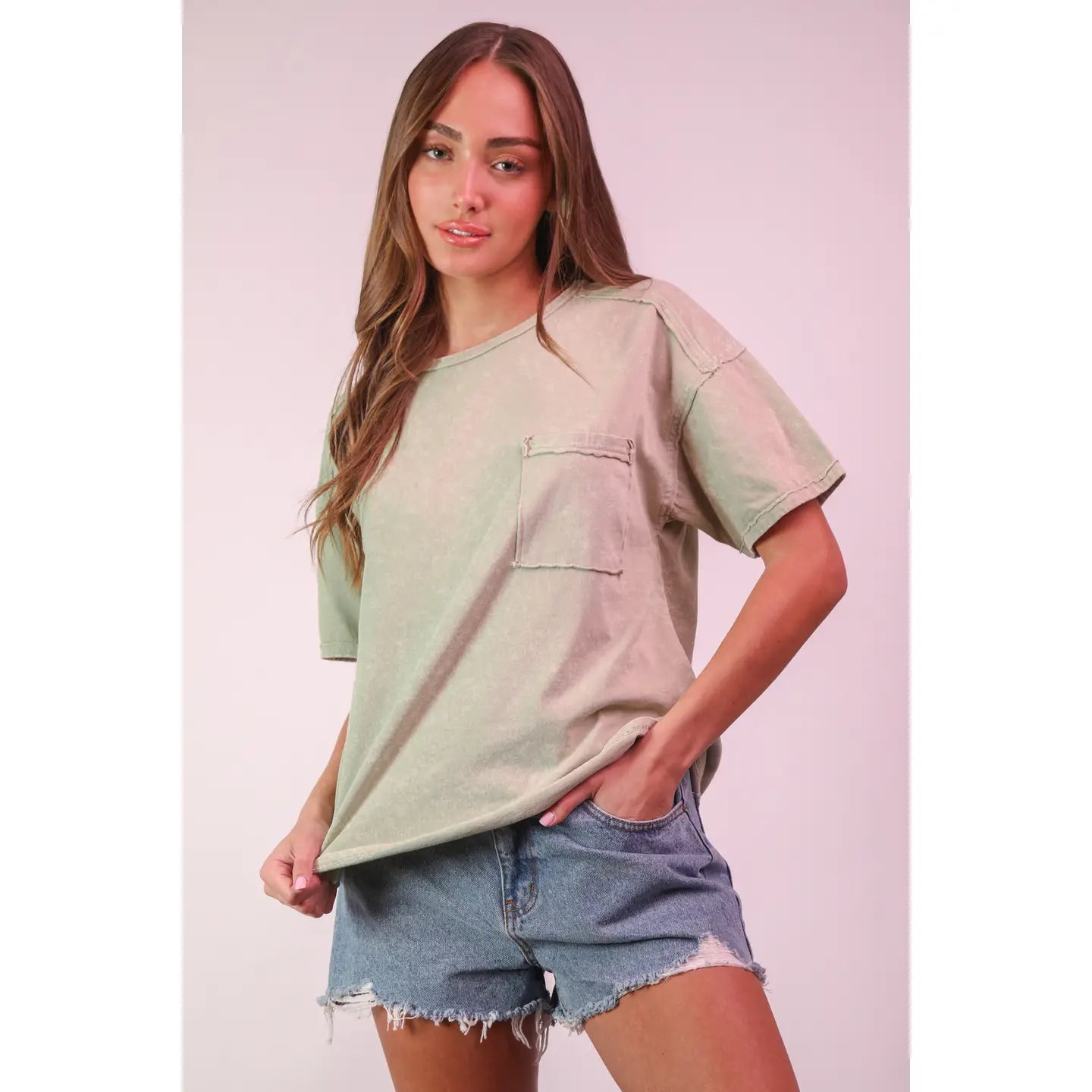 Mineral Washed Knit Top with Pocket