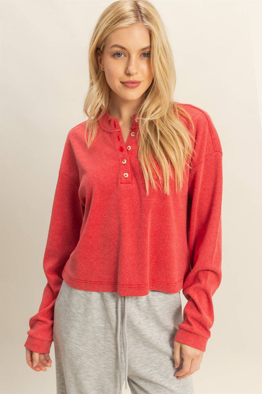 Mineral Washed Long-Sleeve Henley Top