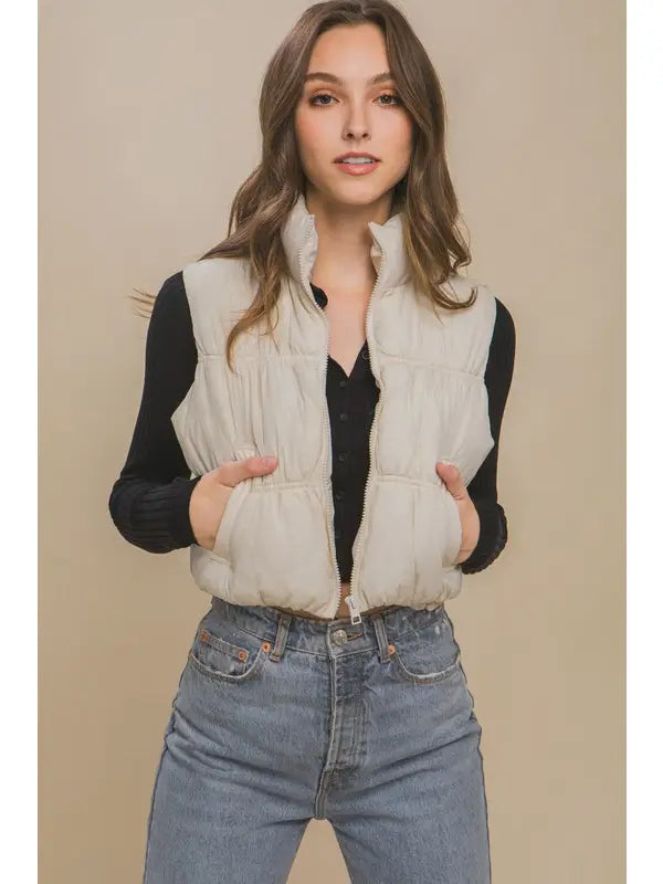 High Neck Cream Puffer Vest