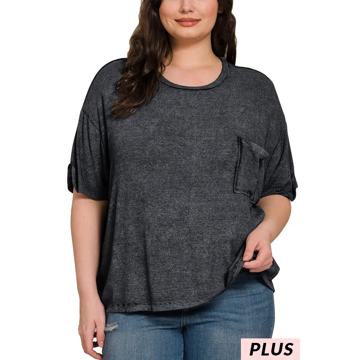 Plus Washed Ribbed Short Sleeve Top