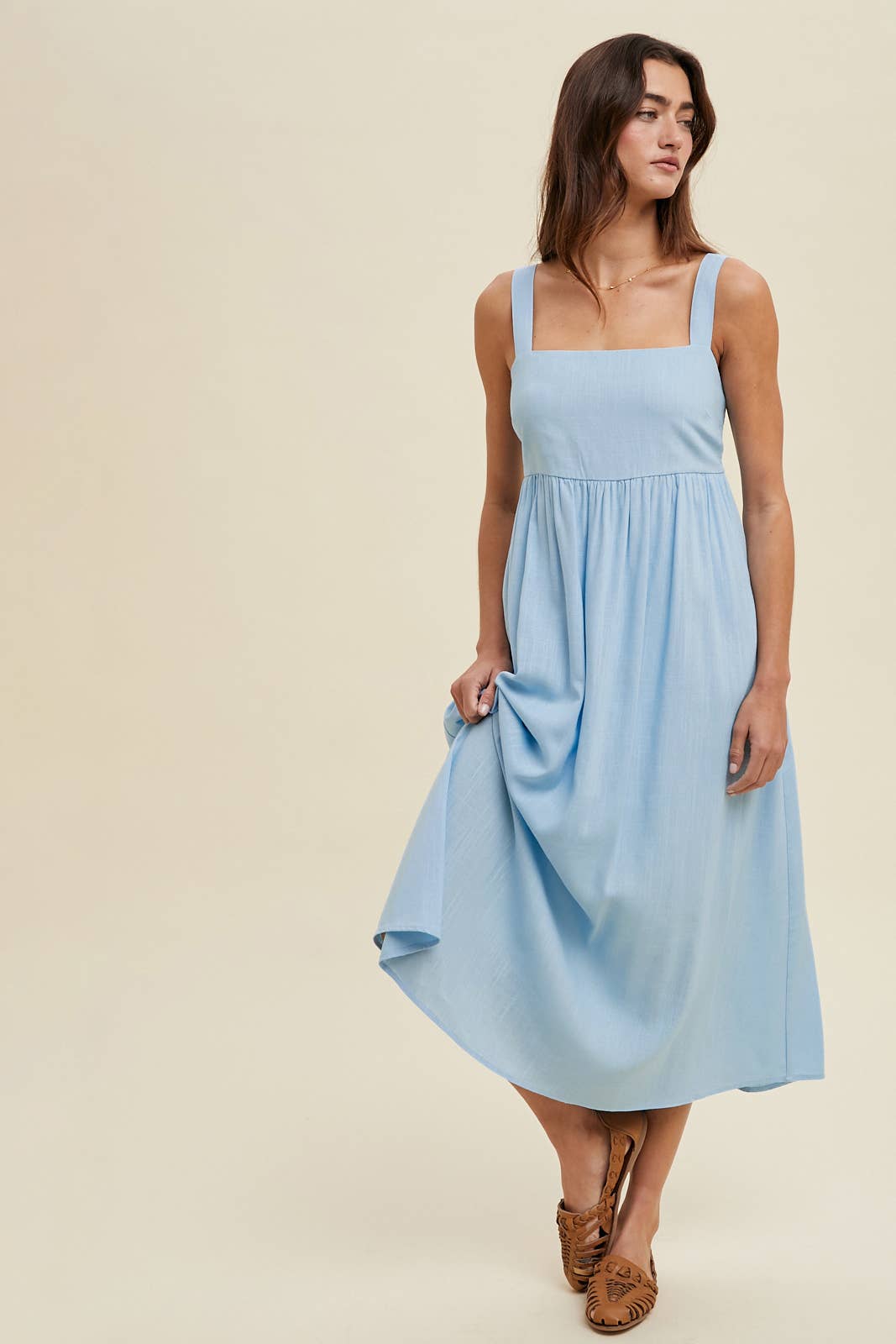 Linen Blend Square Neck Dress