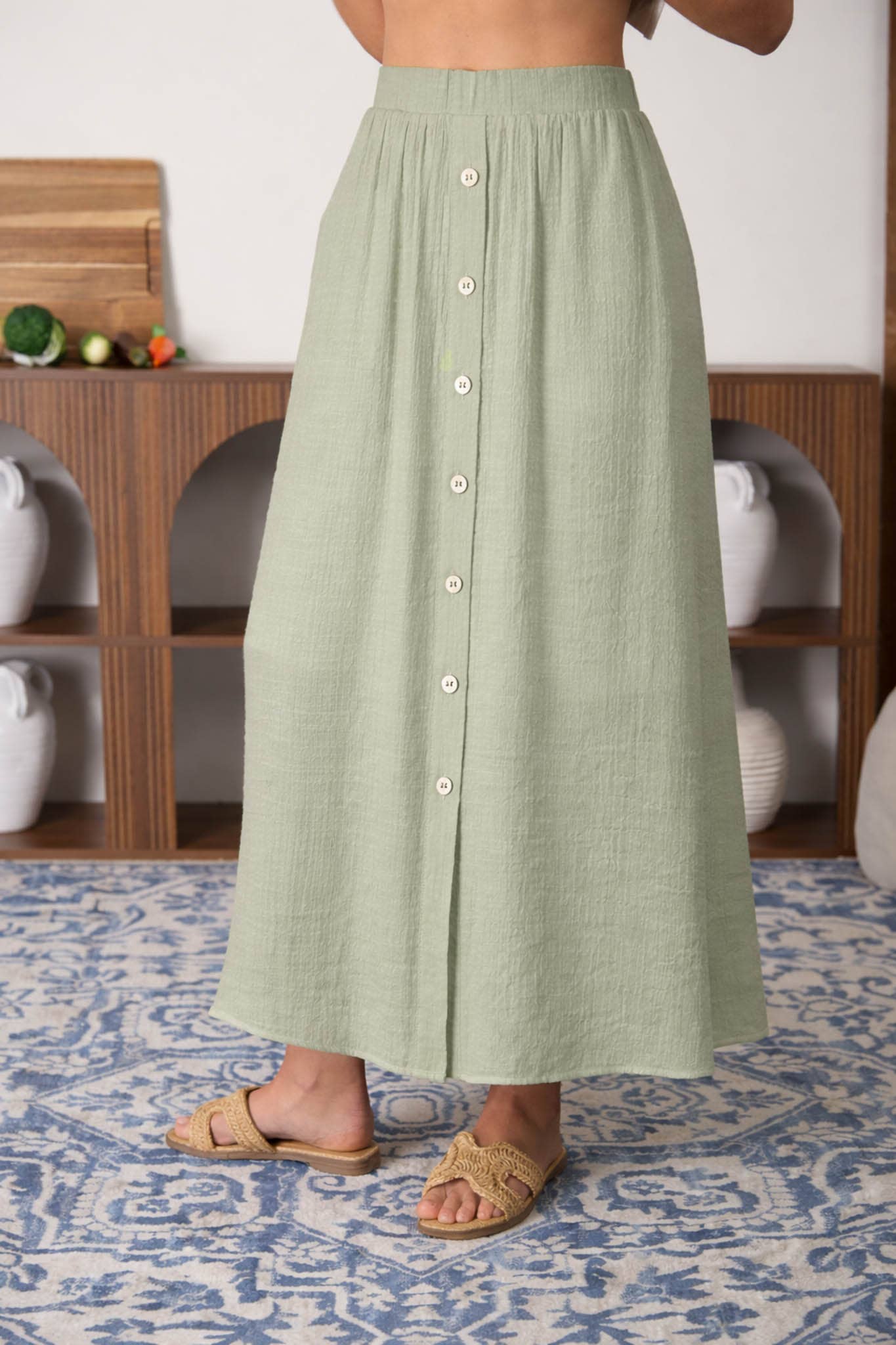 Textured Front Button Detail Midi Skirt