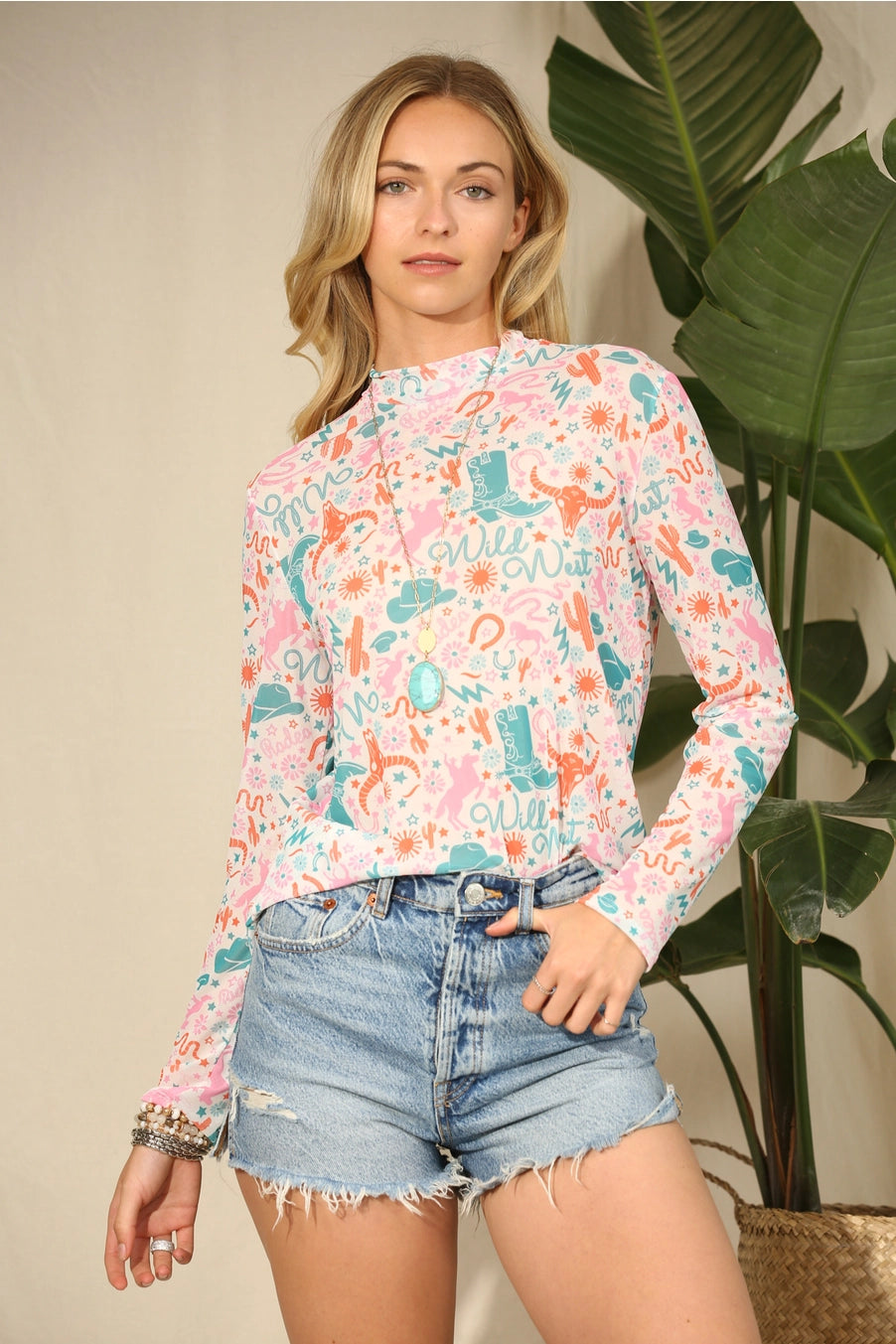 Wild West Longhorn Print Mesh Top