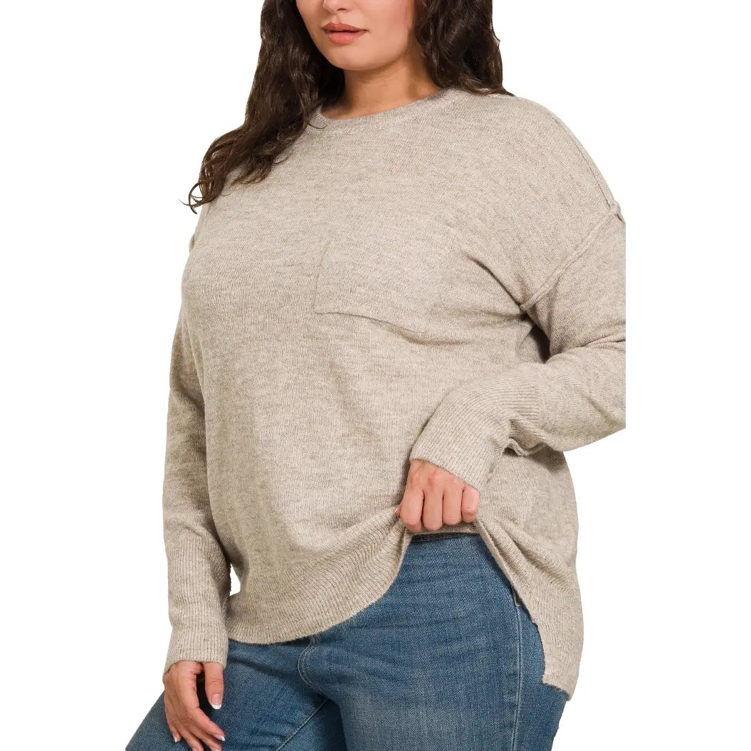 Plus Melange Hi-Low Hem Round Neck Sweater