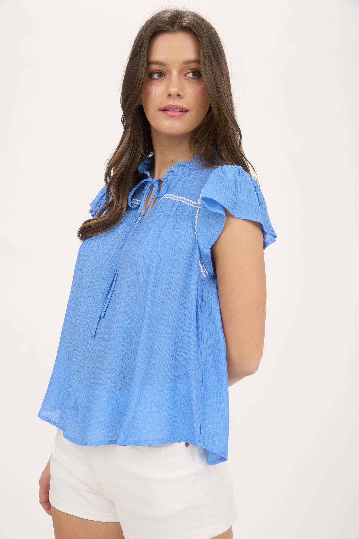 CONTRAST EMBROIDERY RUFFLE DETAIL FRONT TIE BLOUSE