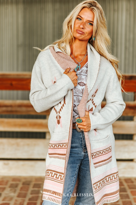 Ivory Soft Pink Aztec Knitted Cardigan (PRE-ORDER)