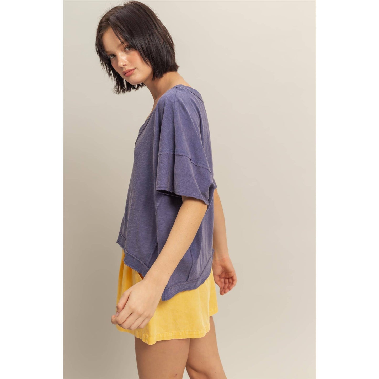 Raw Edge V Neck Oversized T Shirt