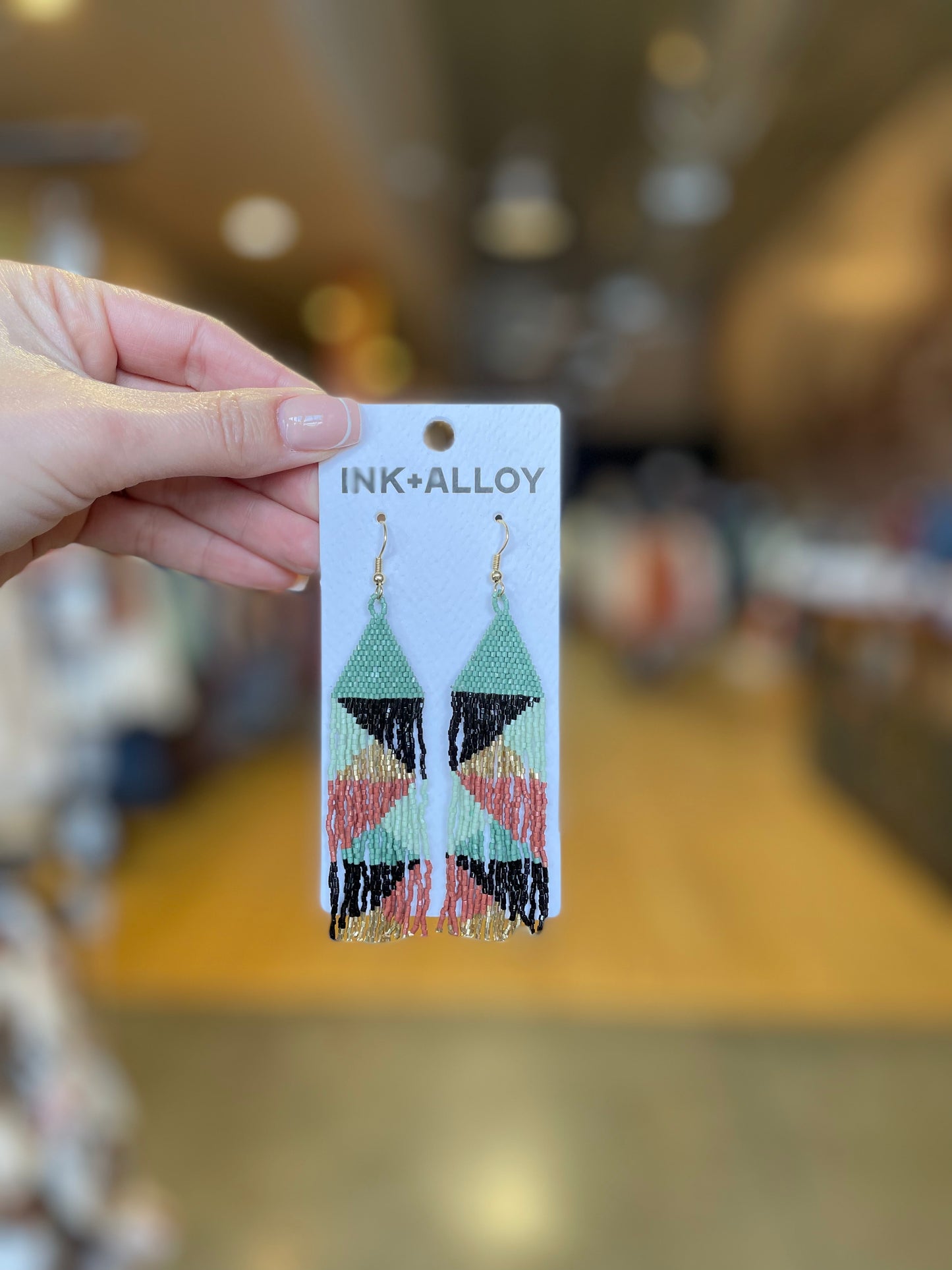 Brittany Mixed Triangles Beaded Fringe Earrings Greens + Rust